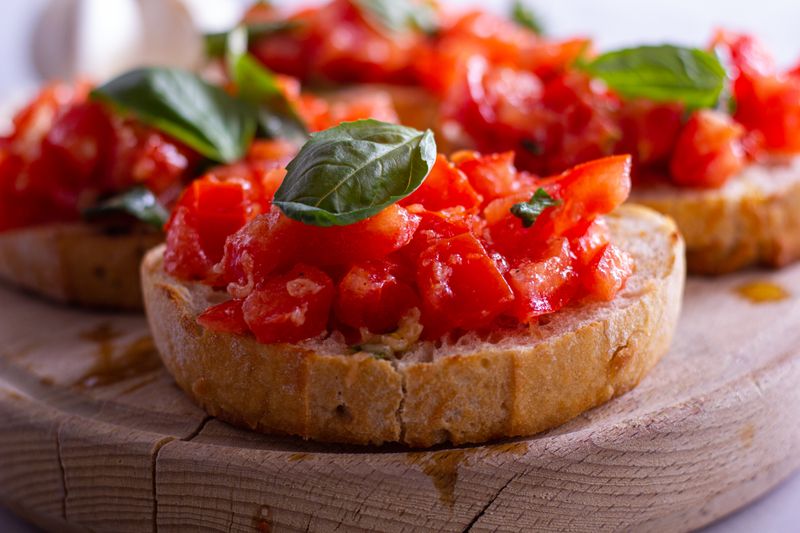 Bruschetta toast with fresh tomatoes and basil